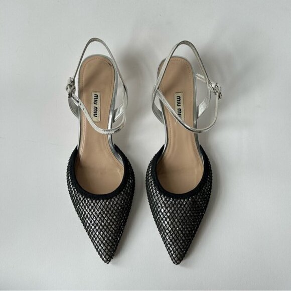 Rare Miu Miu Silver Mesh Black Glitter Kitten Heel sz 7.5 - Picture 4 of 11